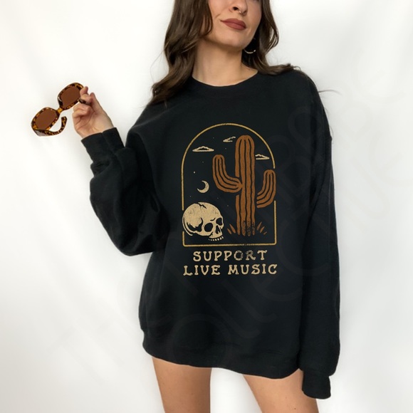 Support Live Music Skull Graphic Crewneck Sweatshirt - Picture 1 of 10
